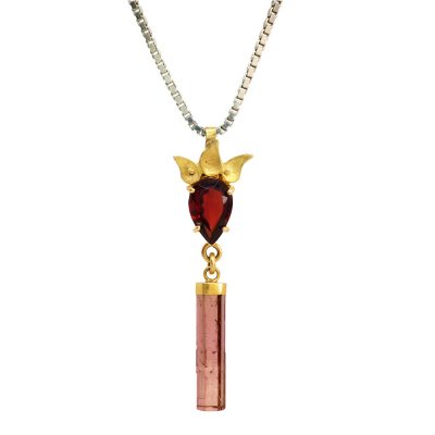 Red garnet and pink toourmaline Petal Pendant