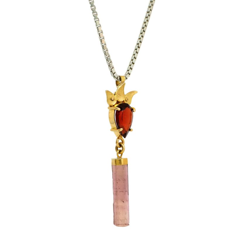 Red garnet and pink tourmaline gold and silver pendant