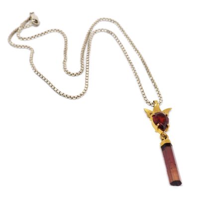 Red garnet and pink tourmaline gold and silver pendant